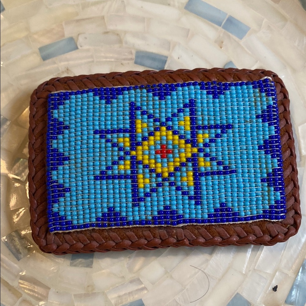 Large Vintage Beaded Belt Buckle Leather, Native American .